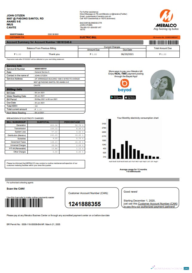 download Philippines Meralco electricity utility bill template in Word and PDF format, version 2 PDF template